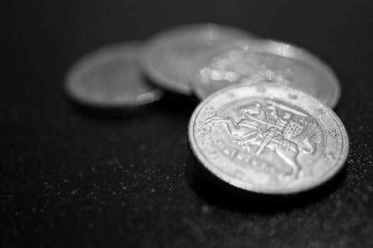 Macro photograph of stacked coins in black and white, highlighting finance and wealth.